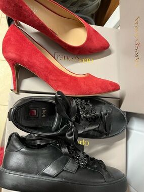 2 pairs Franco Sarto Red Suede Pumps/ 
Black Embellished Satin-Laced Sneakers